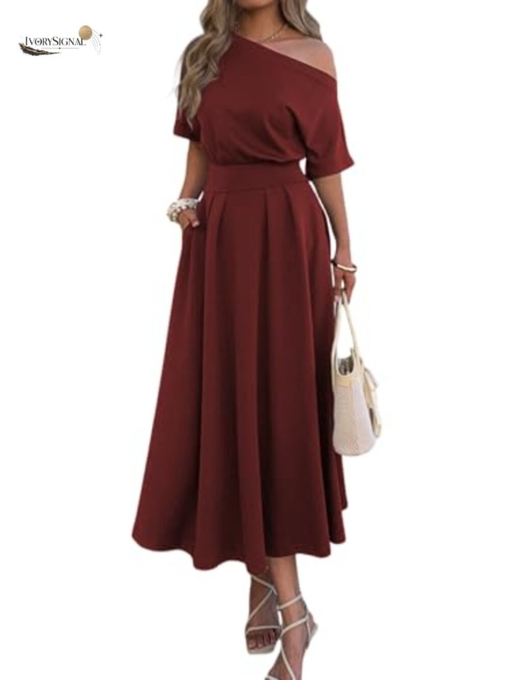 One Shoulder Empire Waist Pleated Maxi Dress with Pockets